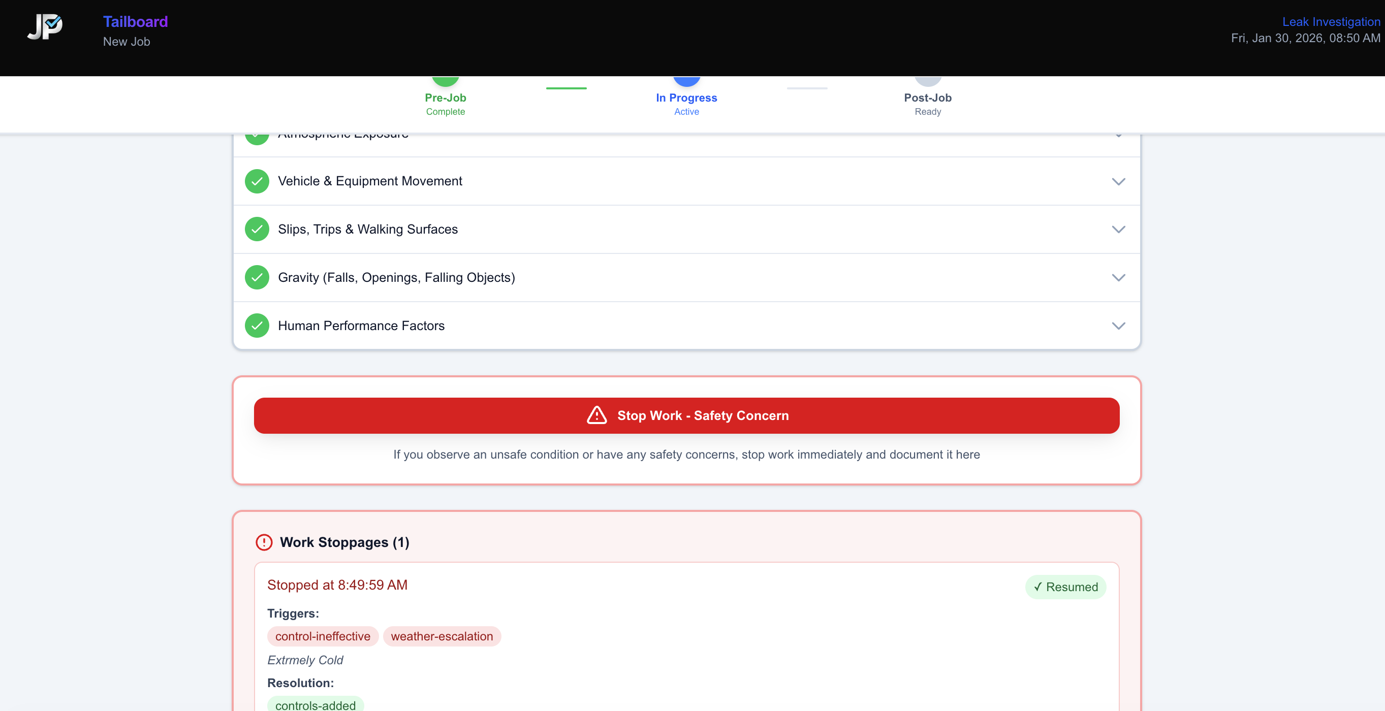 Real-time work stoppage tracking and safety documentation